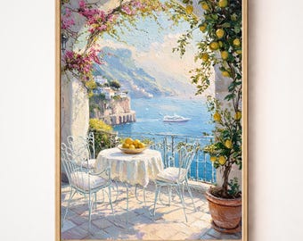 Mediterranean Terrace Painting, Amalfi Coast Wall Art, Italian Lemon Tree Print, Coastal Wall Decor, Digital Download