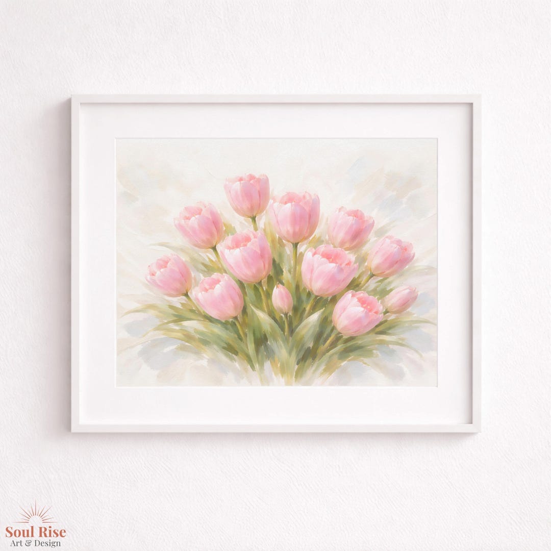 Valentine Wall Art Printable, Pink Tulips Oil Painting, Romantic Floral ...