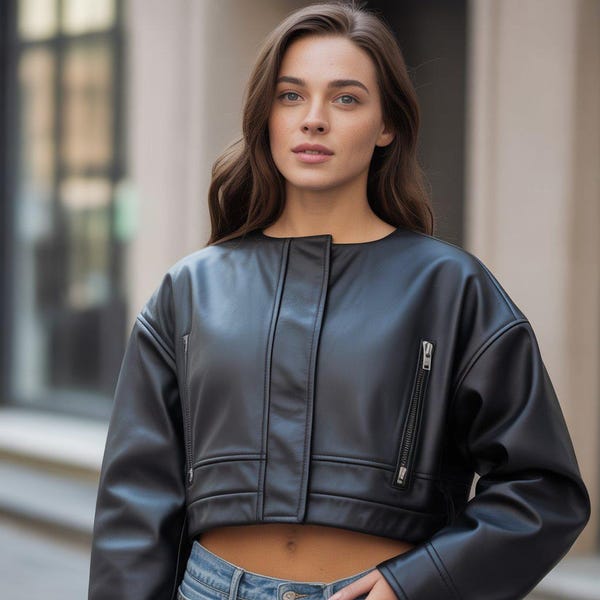 Women Collarless Cropped Leather Jacket Genuine Lambskin Boxy Minimalist Zip Pocket Coat