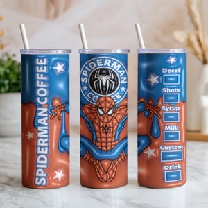 May include: Three stainless steel tumblers with white straws. The tumblers feature a red and blue design with the text "SPIDERMAN COFFEE" and a Spider-Man graphic. One tumbler has a coffee order guide.