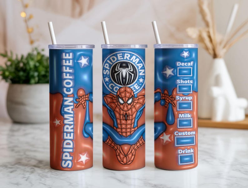 May include: Three stainless steel tumblers with white straws. The tumblers feature a red and blue design with the text "SPIDERMAN COFFEE" and a Spider-Man graphic. One tumbler has a coffee order guide.