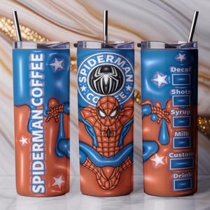 May include: Three stainless steel tumblers with lids and straws. Each tumbler features a design with the text "SPIDERMAN COFFEE" and a Spider-Man graphic. One tumbler has a coffee customization chart.