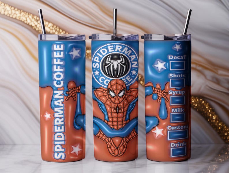 May include: Three stainless steel tumblers with lids and straws. Each tumbler features a design with the text "SPIDERMAN COFFEE" and a Spider-Man graphic. One tumbler has a coffee customization chart.
