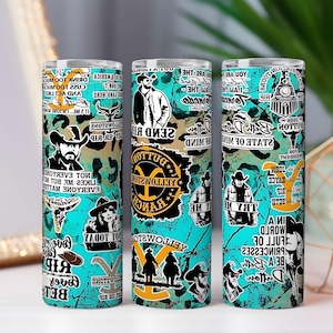 May include: Three stainless steel tumblers with a turquoise and brown leopard print design. Each tumbler features various cowboy-themed graphics and text, including images of cowboys, the Yellowstone Dutton Ranch logo, and other Western-style elements.
