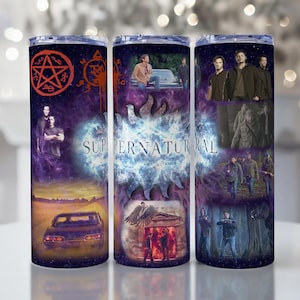 May include: A stainless steel tumbler featuring a collage of images and text from the television show Supernatural. The design includes images of the characters, a car, and the show's logo against a purple and blue galaxy background.