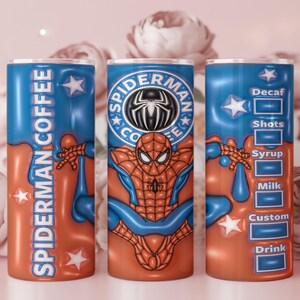 May include: Three stainless steel tumblers with a Spider-Man theme. The tumblers are primarily orange and blue, with the words "SPIDERMAN COFFEE" and "SPIDERMAN COFFEE" printed on two of the tumblers. The third tumbler has a coffee order form.