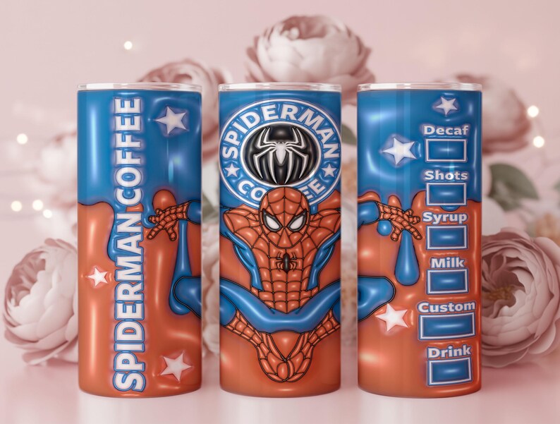 May include: Three stainless steel tumblers with a Spider-Man theme. The tumblers are primarily orange and blue, with the words "SPIDERMAN COFFEE" and "SPIDERMAN COFFEE" printed on two of the tumblers. The third tumbler has a coffee order form.