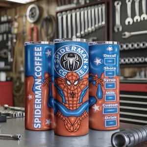 May include: Three stainless steel tumblers with a Spider-Man theme. The tumblers feature a blue and orange color scheme with the words "Spider-Man Coffee" and a Spider-Man graphic. One tumbler has a coffee customization menu.
