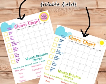 May include: Two printable chore charts for kids with fillable fields. The charts feature sections for daily and weekly chores, with options to customize names. The text includes "Kids Daily Chore Charts" and "Weekly Rotation Chores".