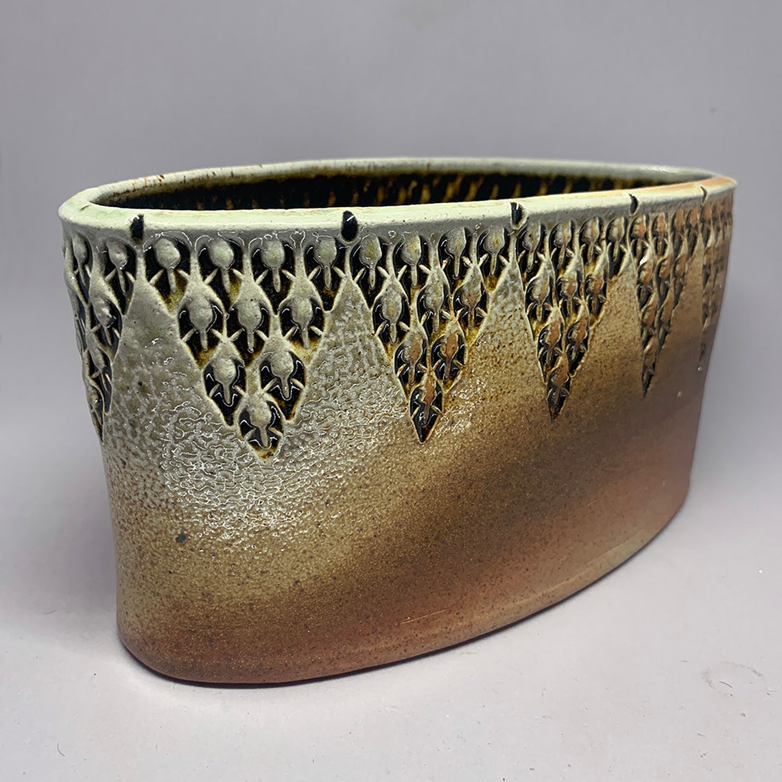 Handmade Stamped & SodaFired Pottery Oval Vase Etsy