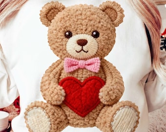 Faux Yarn Teddy Bear Png, Valentine's Heart Sublimation Design, Coquette Valentines Png Heart Design, Cute Love Digital Download
