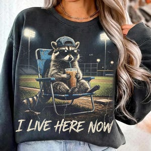 アライグマの野球場シャツPNG、ソフトボール旅行用Tシャツデザイン、野球ママの男の子用グラフィック、高校野球のおもしろアライグマシャツ