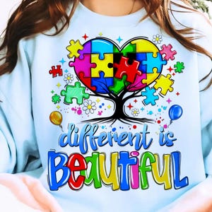 Different is Beautiful png, Sensibilisation à l'autisme png, Puzzle coeur png, Conception de la neurodiversité, Citation png pour l'autisme, Sublimation, Téléchargement imprimable