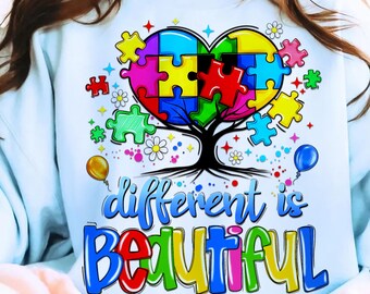 Different is Beautiful png, autismebewustzijn png, puzzelhart png, neurodiversiteitsontwerp, autismecitaat png, sublimatie, afdrukbare download