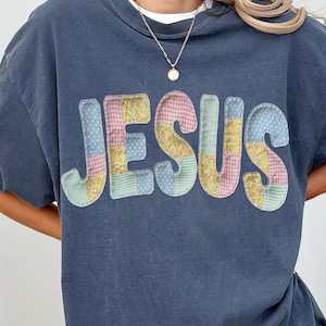 Jesus PNG Faux Quilted Design, Christian Sublimation Graphic, Vintage Patchwork Faith Shirt PNG, Embroidered Look Religious Clipart
