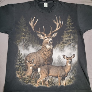 Vintage deer illustration featuring a buck and two does in a 90s forest scene, wildlife PNG for hunting shirts and retro nature designs.