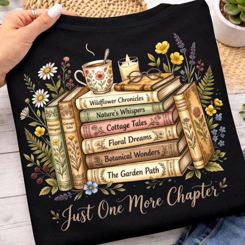 Puede incluir: Camiseta negra con un dise&ntilde;o de libros apilados, una taza de t&eacute;, una vela y gafas. Los libros tienen t&iacute;tulos como "Wildflower Chronicles" y "Cottage Tales". Ilustraciones florales rodean la escena, con el texto "Just One More Chapter" en la parte inferior.