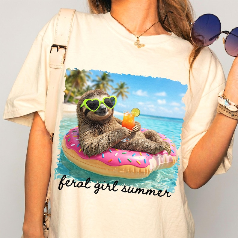May include: Cream-colored t-shirt featuring a graphic of a sloth wearing heart-shaped sunglasses and floating on a pink donut in the ocean. The sloth is holding a cocktail. The text "feral girl summer" is below the graphic.