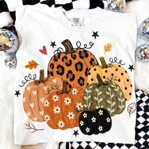 May include: A white short-sleeve t-shirt featuring a graphic print of five pumpkins in various patterns including leopard print, polka dots, and floral designs. The design includes small black stars, a red heart, and autumn leaves.