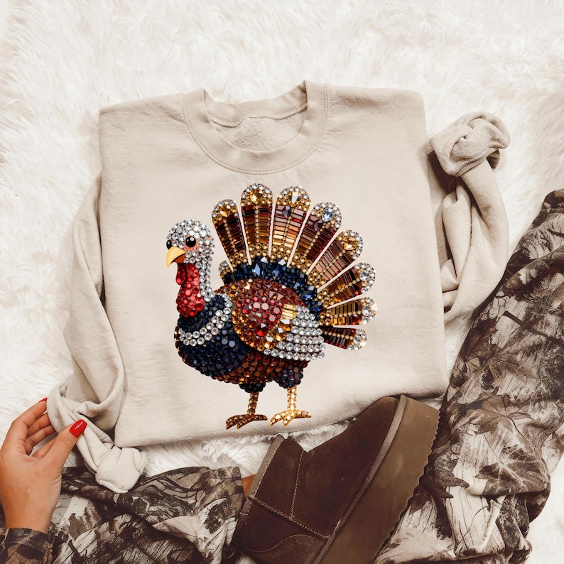 May include: A beige crewneck sweatshirt featuring a central graphic of a turkey composed of multicolored rhinestones. The turkey design displays a fanned tail with brown, gold, and blue crystals, a red wattle, and a body filled with dark blue and red gems.