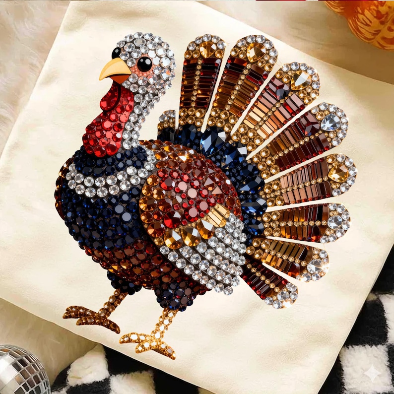 May include: A turkey graphic design composed of multi-colored faceted rhinestones in shades of clear, red, blue, brown, and amber. The turkey features a detailed head, a fan-shaped tail with elongated crystals, and two gold-toned crystal legs.