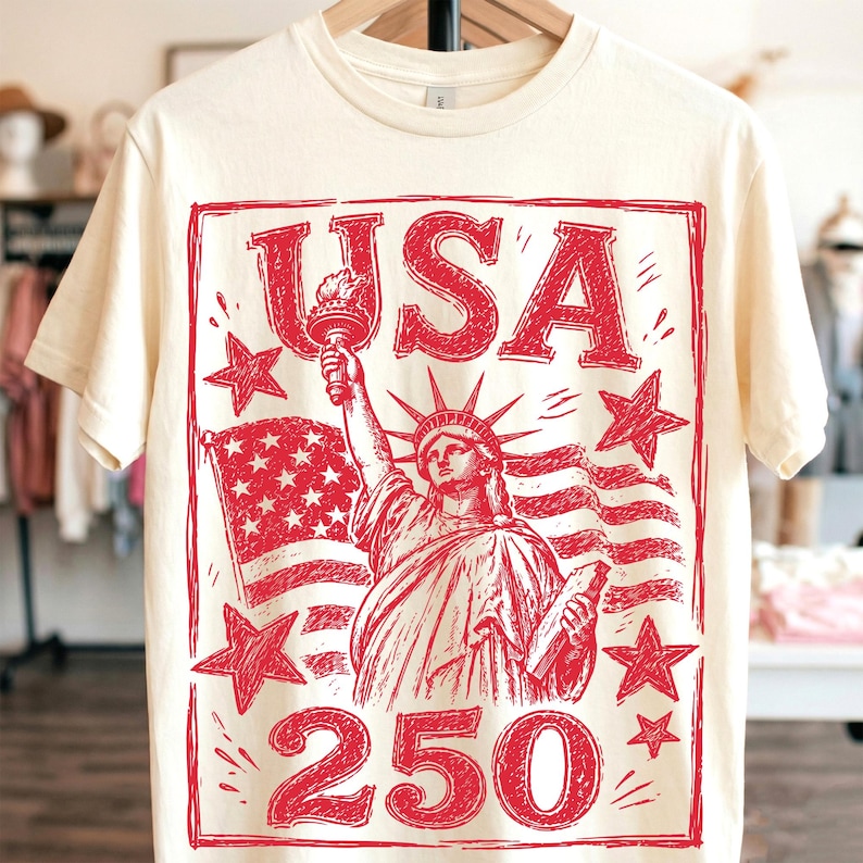 May include: Cream-colored t-shirt featuring a red graphic of the Statue of Liberty, the American flag, stars, and the text "USA 250". The design is enclosed in a rectangular frame, creating a vintage aesthetic. The shirt is hanging on a wooden hanger.