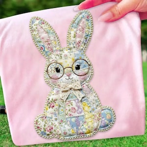 Floral Patchwork Bunny PNG, Coquette Easter Bunny with Glasses, Vintage Fabric Applique Design, Sublimation Spring Shirt PNG