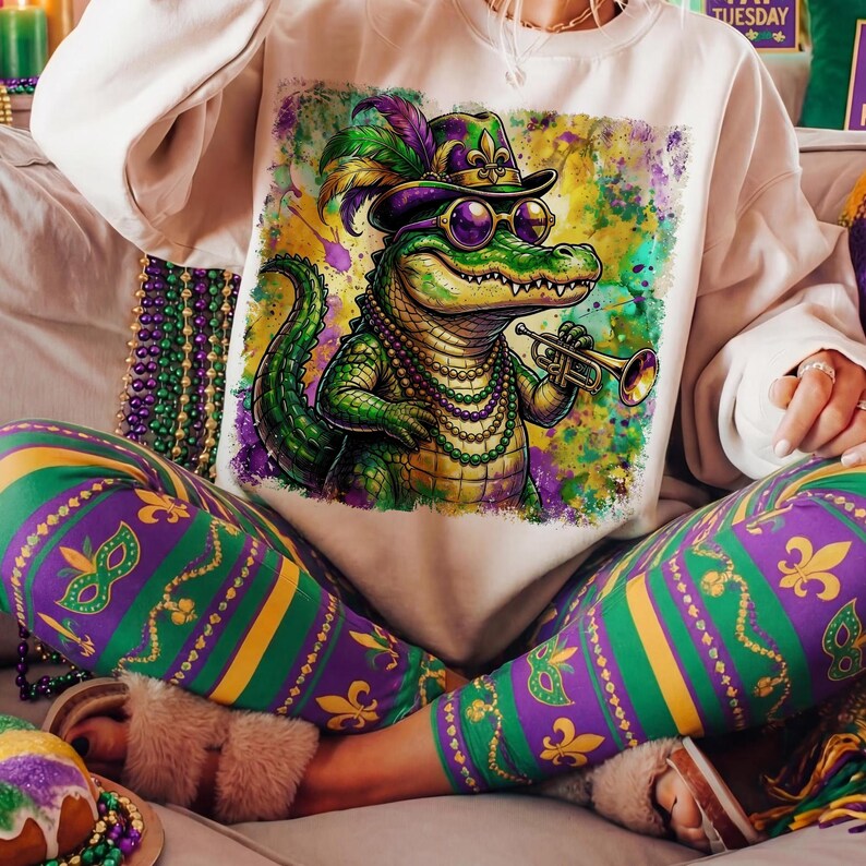 May include: Cream-colored sweatshirt featuring a vibrant graphic of an alligator playing a trumpet, adorned with a hat, sunglasses, and beads. The alligator is set against a colorful, abstract background. The person is wearing matching green, purple, and yellow patterned leggings.