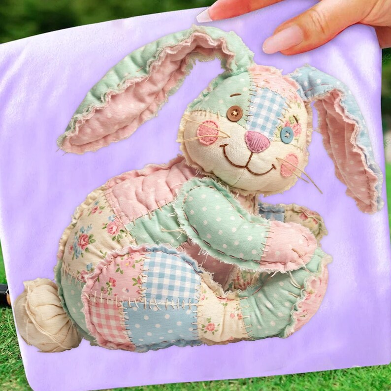 May include: A patchwork bunny rabbit doll in pastel colors. The bunny is made of fabric squares in pink, blue, and green with floral, polka dot, and gingham patterns. It has button eyes, a pink nose, and long, floppy ears. The doll is sitting on a lavender surface.
