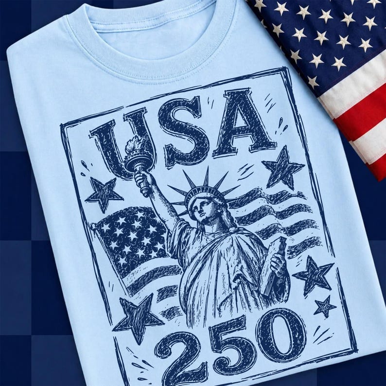 May include: Light blue t-shirt featuring a graphic of the Statue of Liberty holding a torch, with the word "USA" and the number "250" in a dark blue design. An American flag is draped in the background.