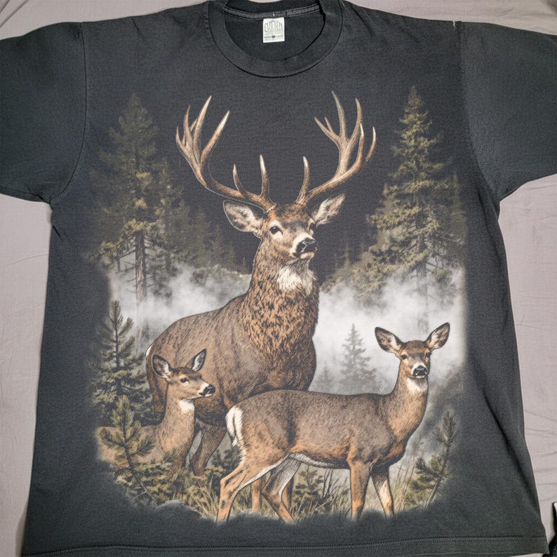 Vintage deer illustration featuring a buck and two does in a 90s forest scene, wildlife PNG for hunting shirts and retro nature designs.