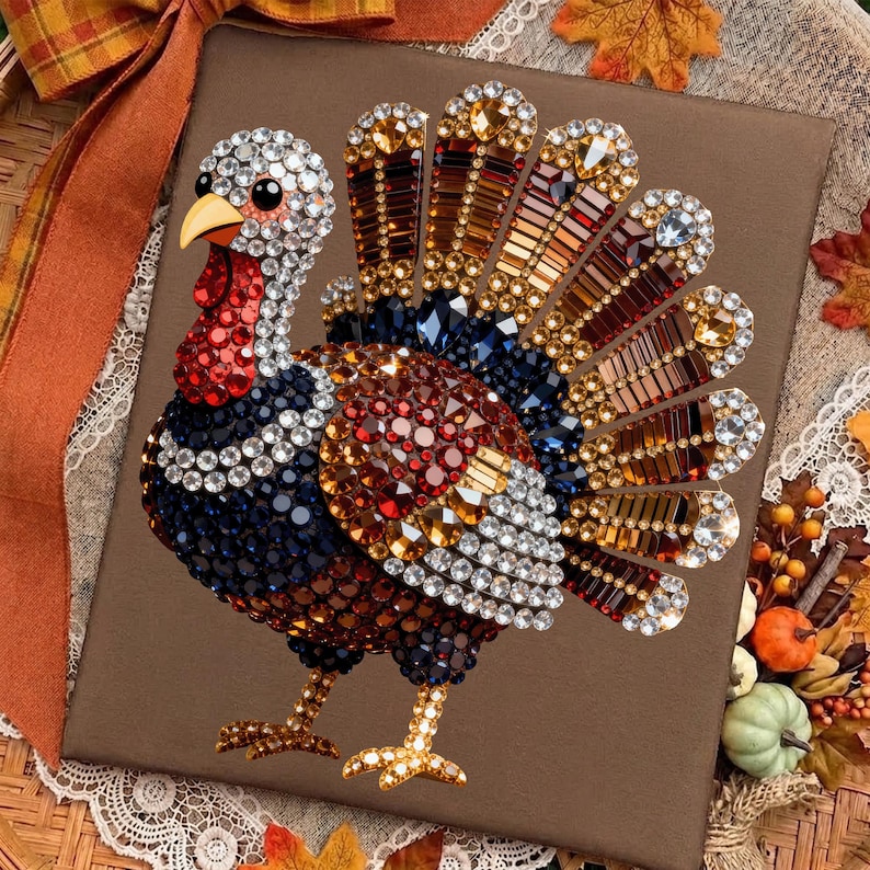 May include: A square brown canvas featuring a turkey art piece created with multi-colored rhinestones. The turkey has a red wattle, a yellow beak, and a fanned tail decorated with amber, blue, and clear crystals. The body is covered in dark blue, red, and brown gems.