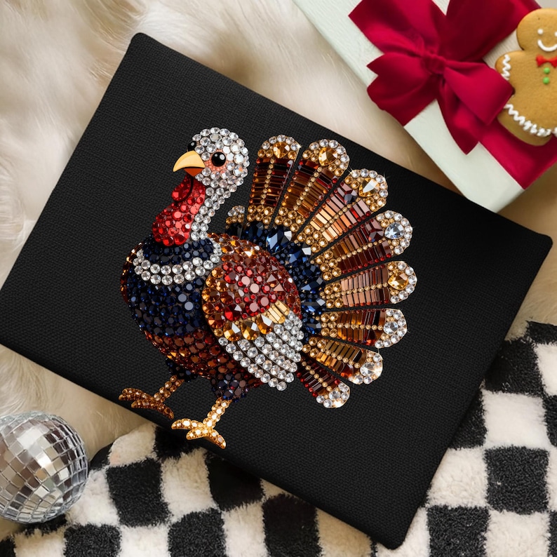 May include: A black canvas featuring a turkey design crafted from multi-colored rhinestones. The turkey displays a fan-shaped tail with amber, brown, and clear crystals, a red wattle, and a body composed of dark blue, red, and white faceted gems.