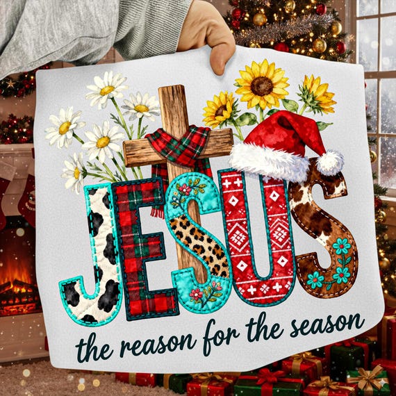Jesus Is The Reason PNG, Patchwork Christmas Letters, Faith Christian Design, Religious Xmas Sublimation, Merry Christmas Digital Download