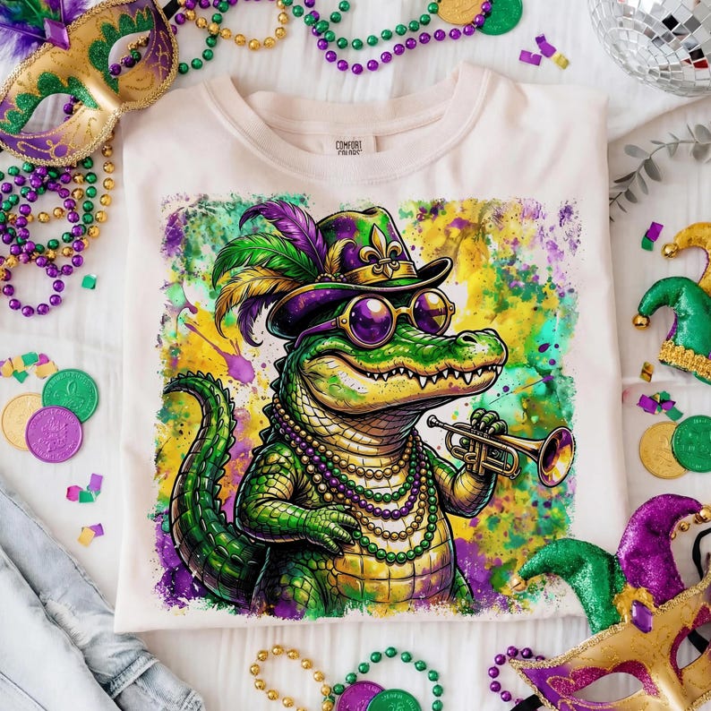 May include: Cream-colored t-shirt featuring a vibrant illustration of a green alligator wearing a hat, sunglasses, and a beaded necklace, playing a trumpet. The design has a Mardi Gras theme with purple, green, and gold accents.