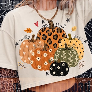 May include: A cream-colored short-sleeve t-shirt featuring a graphic print of five pumpkins with various patterns including leopard print, white hearts, white daisies, and white leaves, accented by small black stars and a red heart.