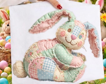 Conejito de patchwork PNG, diseño de patchwork de conejito de Pascua, conejito de tela estilo cottagecore PNG, diseño de camiseta de Pascua de primavera, conejito lindo hecho a mano PNG