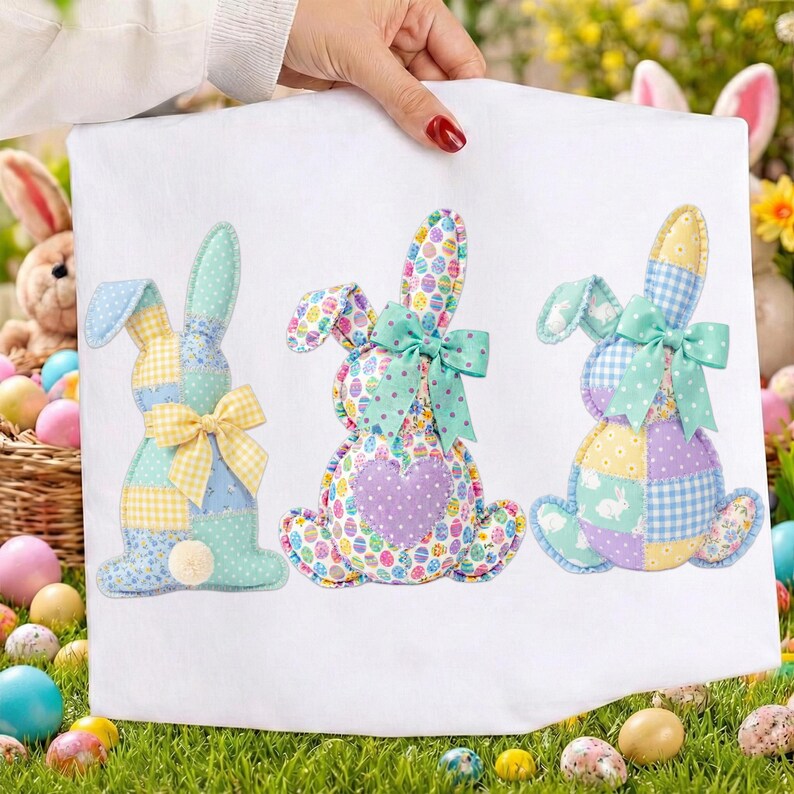 May include: A white Easter-themed pillowcase featuring three appliqued bunny rabbits. Each bunny has a patchwork design in pastel colors, with bows and decorative details. The pillowcase is held up by a person's hand.