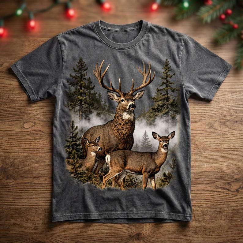 Cerf PNG vintage, cerf chasseur rétro, graphique d'animaux de la forêt des années 90, faune mâle et biche PNG, conception de chemise de chasse, art de la nature de l'an 2000 image 3