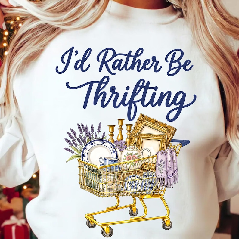 May include: White sweatshirt with the text "I'd Rather Be Thrifting" in blue script. A gold shopping cart graphic is filled with vintage items like plates, teacups, and picture frames. The cart also contains lavender and a purple scarf.