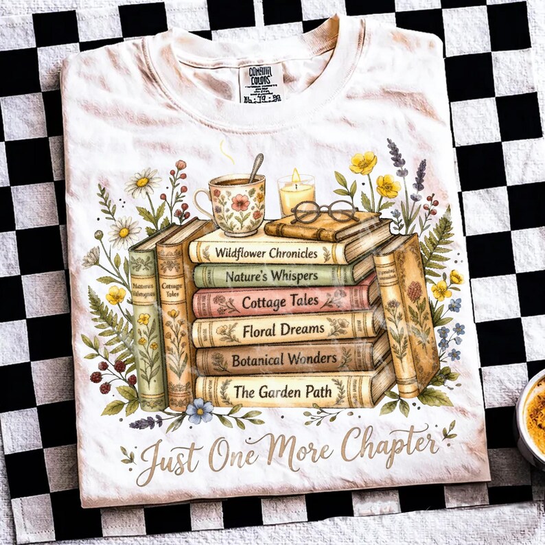 Puede incluir: Camiseta crema con una ilustraci&oacute;n de libros apilados, con t&iacute;tulos como "Wildflower Chronicles" y "Cottage Tales". Una taza, una vela y gafas est&aacute;n encima, rodeadas de ilustraciones florales. El texto dice "Just One More Chapter".