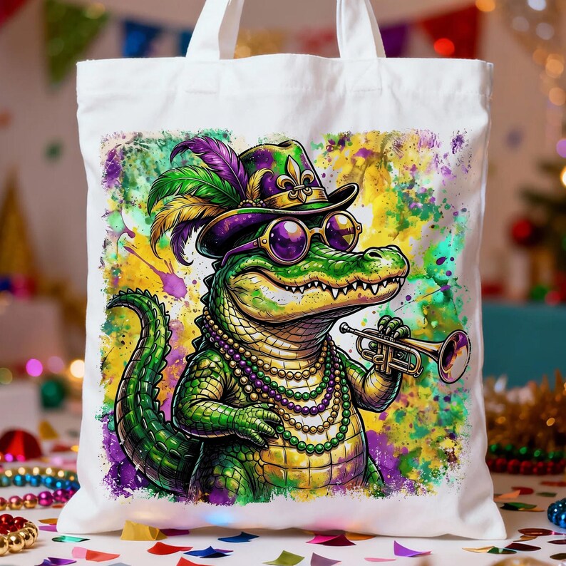 May include: White tote bag featuring a cartoon alligator in a purple and green hat, sunglasses, and a beaded necklace. The alligator is playing a trumpet against a colorful, splattered background.