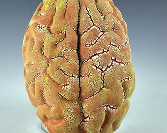 Ceramic Brain Wall Sculpture with yellow, red, light green lichen glazes oct15-3