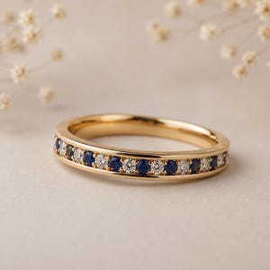Art Deco Blue Sapphire Diamond Eternity Band Ring, 14K Gold Wedding Band, Stackable Anniversary Ring, Minimalist Gift for Her, Thin Band