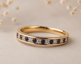 Art Deco Blue Sapphire Diamond Eternity Band Ring, 14K Gold Wedding Band, Stackable Anniversary Ring, Minimalist Gift for Her, Thin Band