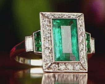 Art Deco Emerald Engagement 925 Silver Ring,Proposal Gift Ring,Green Gemstone,Wedding Jewelry,Geometric Statement Ring,May Birthstone Ring