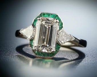 Vintage Art Deco Emerald Cut Ring | Green Moissanite, Argentium Silver