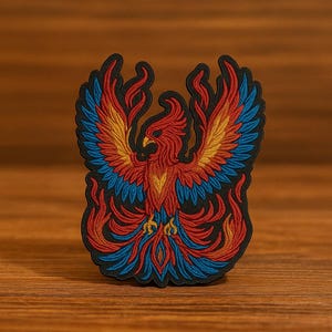Puede incluir: Parche bordado con un diseño de fénix. El parche presenta una vibrante paleta de colores rojo, naranja, amarillo y azul, con un borde negro. El fénix se representa con las alas extendidas y llamas.