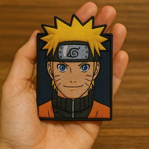 May include: A rectangular patch featuring a cartoon character with spiky yellow hair, blue eyes, and a black headband with a symbol. The character is wearing an orange and black outfit. The patch is held in a hand.