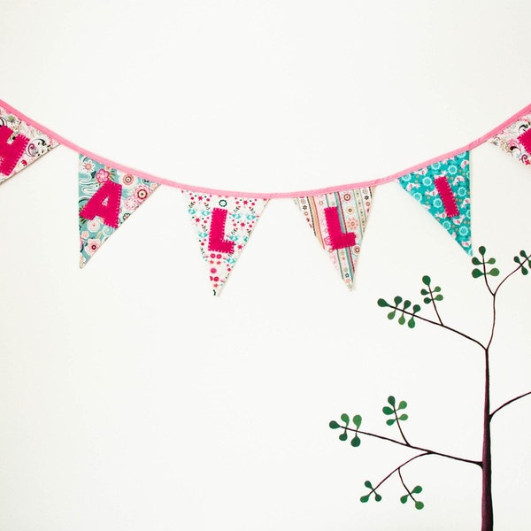 Custom  Birthday  Banner, Fabric Party Flags with Handsewn Letters, Nursery Decoration, Photo Props